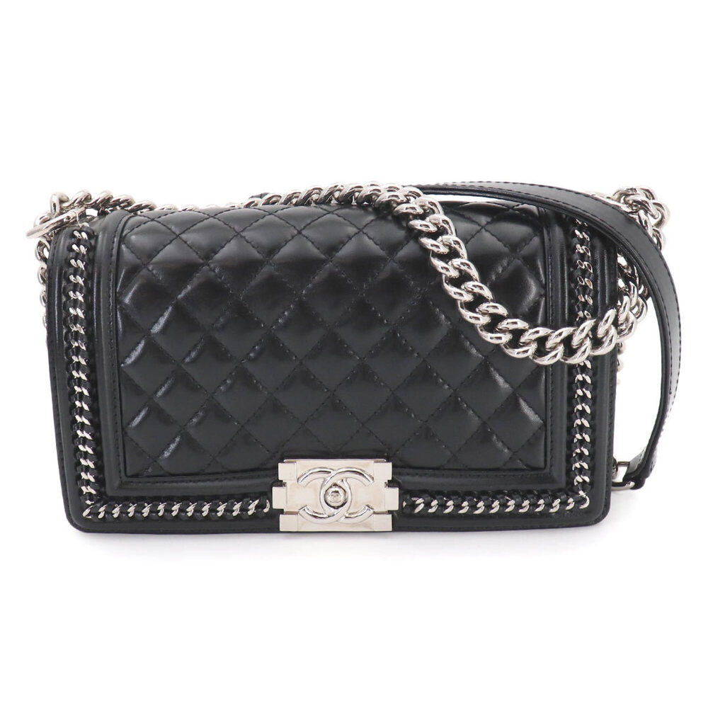 Chanel Boy Chain Shoulder Handbag, Calfskin, Black with Silver Hardware
